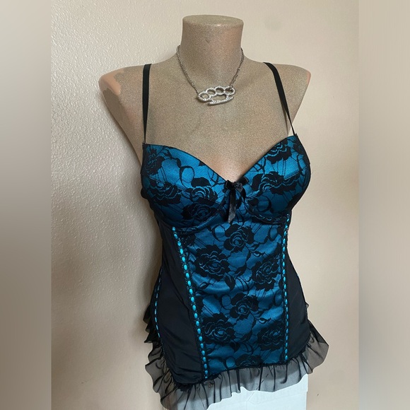 Rene Rofe Tops - Blue & Black Push Up Corset Top with Lace & Ruffles